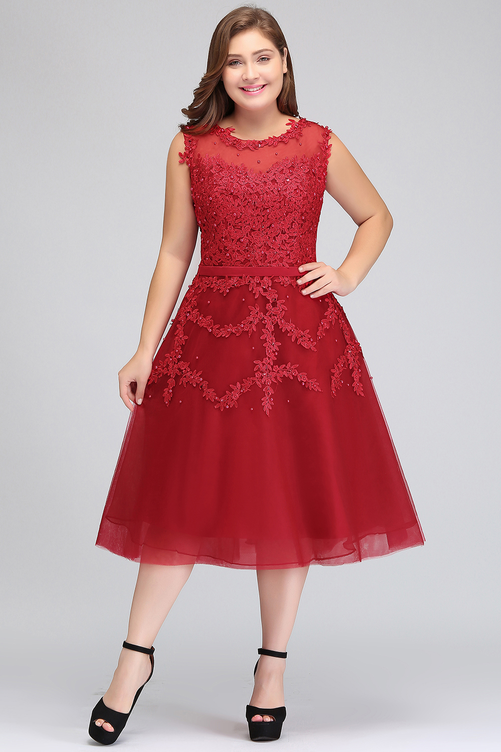 Tea-Length A-line Lace Appliques Beaded Party Dresses Sleeveless Short Homecoming Dresses-newarrivaldress