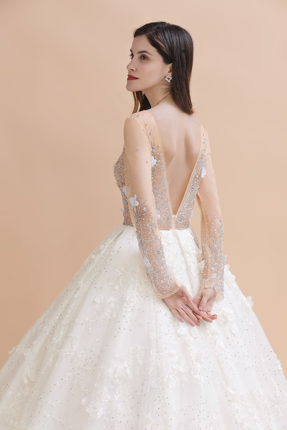 Gorgeous Scoop Neck Wedding Dress Long Sleeves Glitter Floral Lace Aline Bridal Dress-newarrivaldress