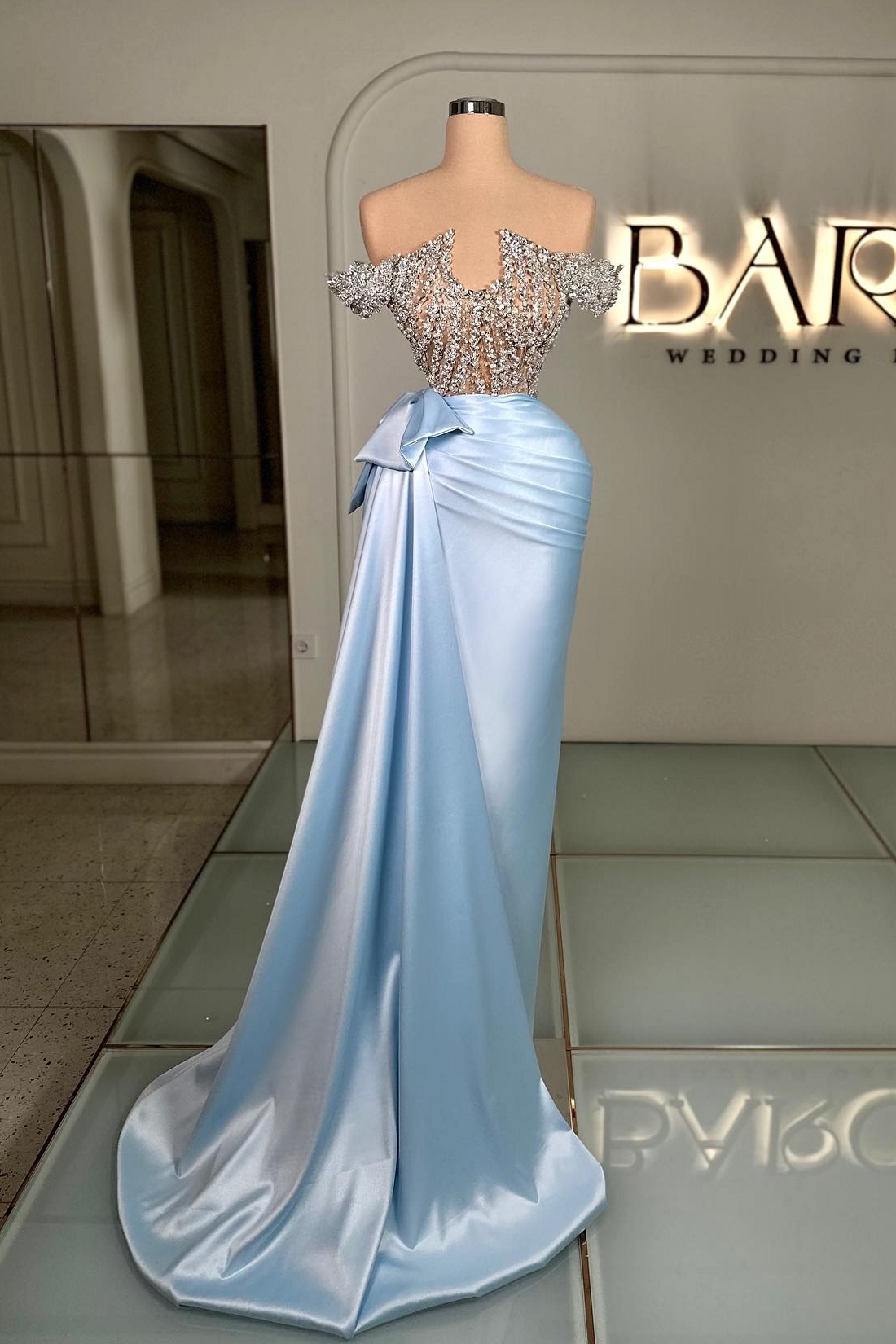 Luxury Off-the-Shoulder Sky Blue Satin Mermaid Prom Dress Glitter Rinestones Long Evening Dress-newarrivaldress