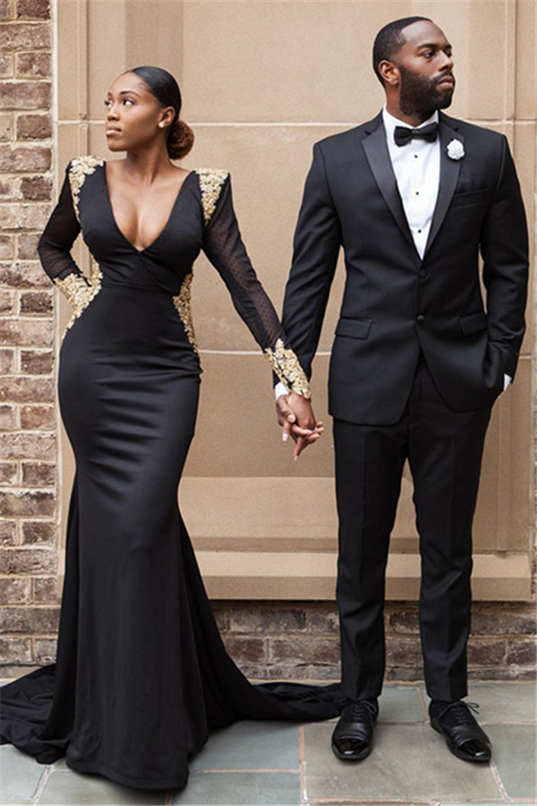 Sexy Mermaid Long-Sleeves Crystal Deep-V-Neck Black Prom Dresses | Long Prom Dress-newarrivaldress