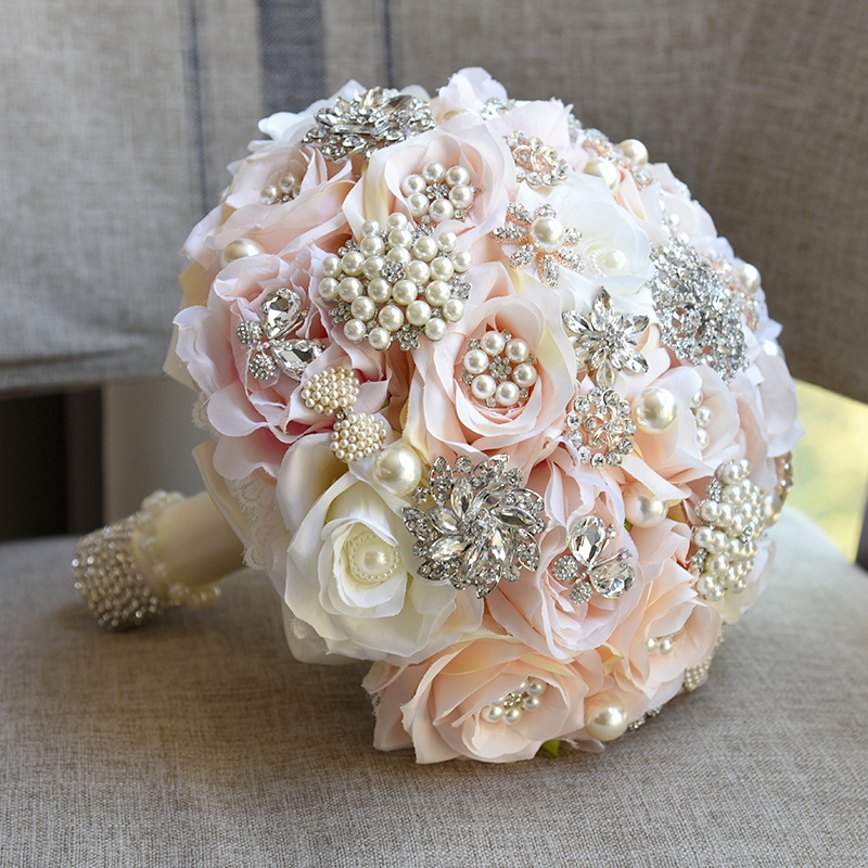 Shiny Crystal Beading Silk Rose Wedding Bouquet in White and Pink | Newarrivaldress.com