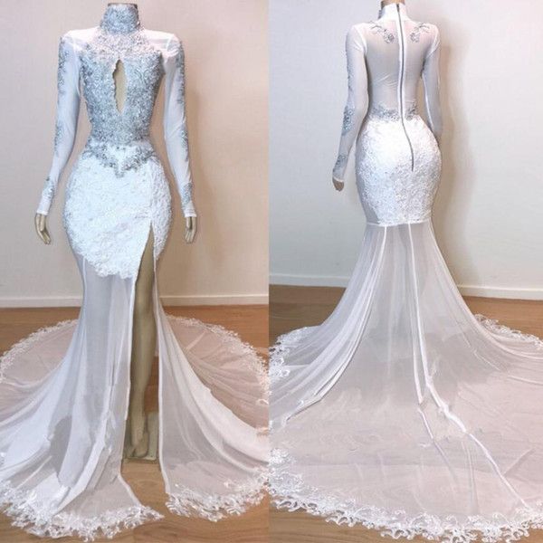 White Stunning Lace Long Sleeve Long Prom Dresses | New Arrival Sheer Tulle Slit Mermaid Evening Gowns-newarrivaldress