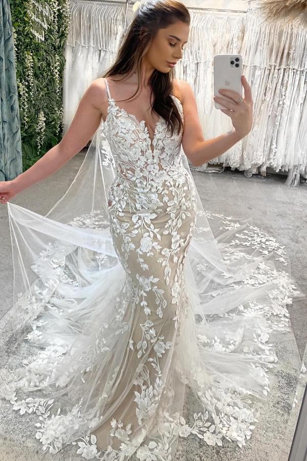 Beautiful Spaghetti Straps Tulle Mermaid Trumpet Wedding Dresses with Lace Appliques-newarrivaldress