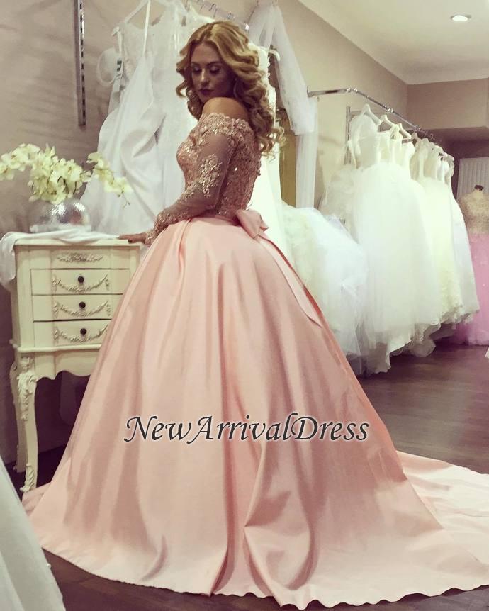Gold-Lace Bowknot Off-the-Shoulder Ball-Gown Long-Sleeves Prom Dresses-newarrivaldress