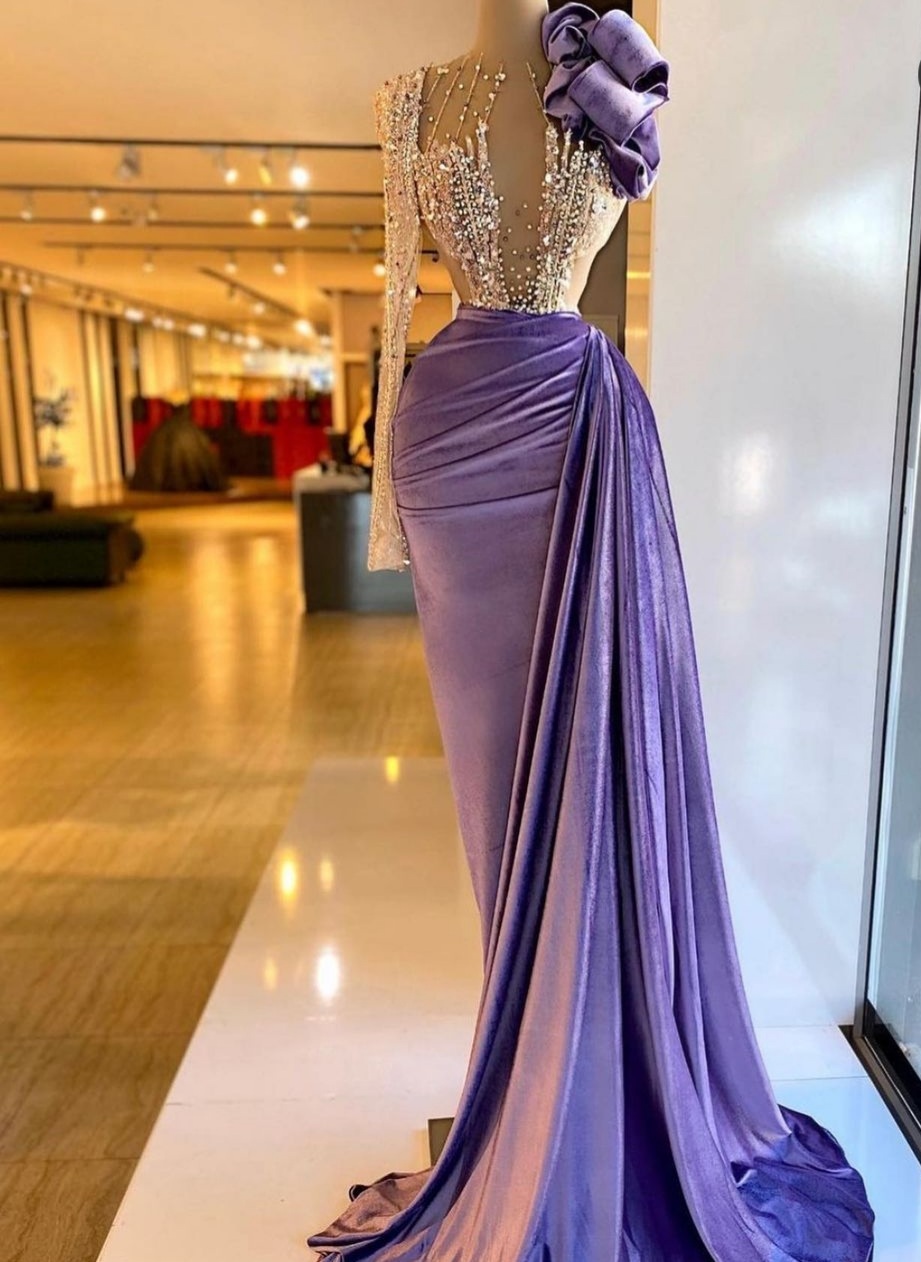 Stunning Velvet Mermaid Prom Dress with Long Sleeves Beadings Evening Party Dress-newarrivaldress