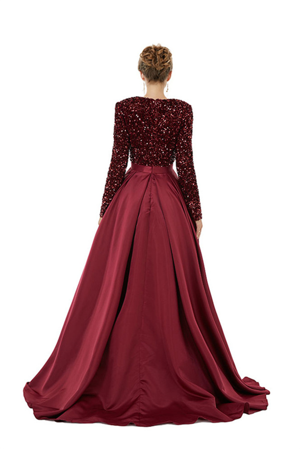 Charming Sparkly Sequins Long Evening Dress Satin Side Split Dress with Long Sleeves-newarrivaldress