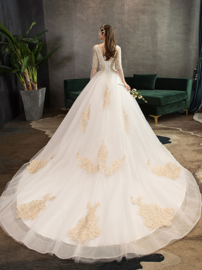 Princess Wedding Dress Ivory Lace Applique V Neck Half Sleeve Bridal Gown With Train-newarrivaldress