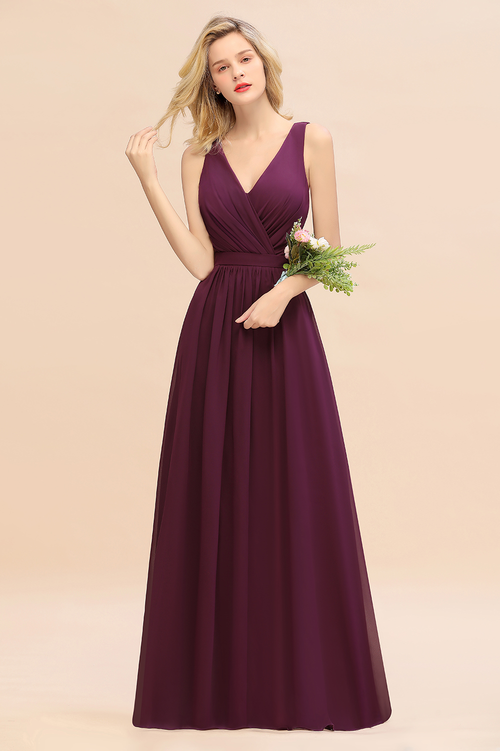 Elegant V-neck Ruched Chiffon Bridesmaid Dress Floor Length Wedding Party Dress-newarrivaldress