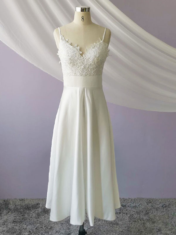 Short Wedding Dress V Neck Sleeveless A Line Tea Length Straps Bridal Gowns-newarrivaldress