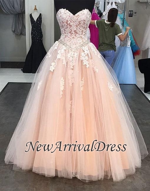Lace Appliques Puffy Tulle Pink Sweetheart Neck Evening Dress-newarrivaldress