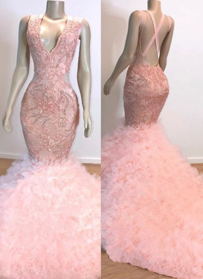 Mermaid Ruffles Junior Long Prom Dresses | Pink V-Neck Sleeveless Open Back Lace Evening Dresses-newarrivaldress