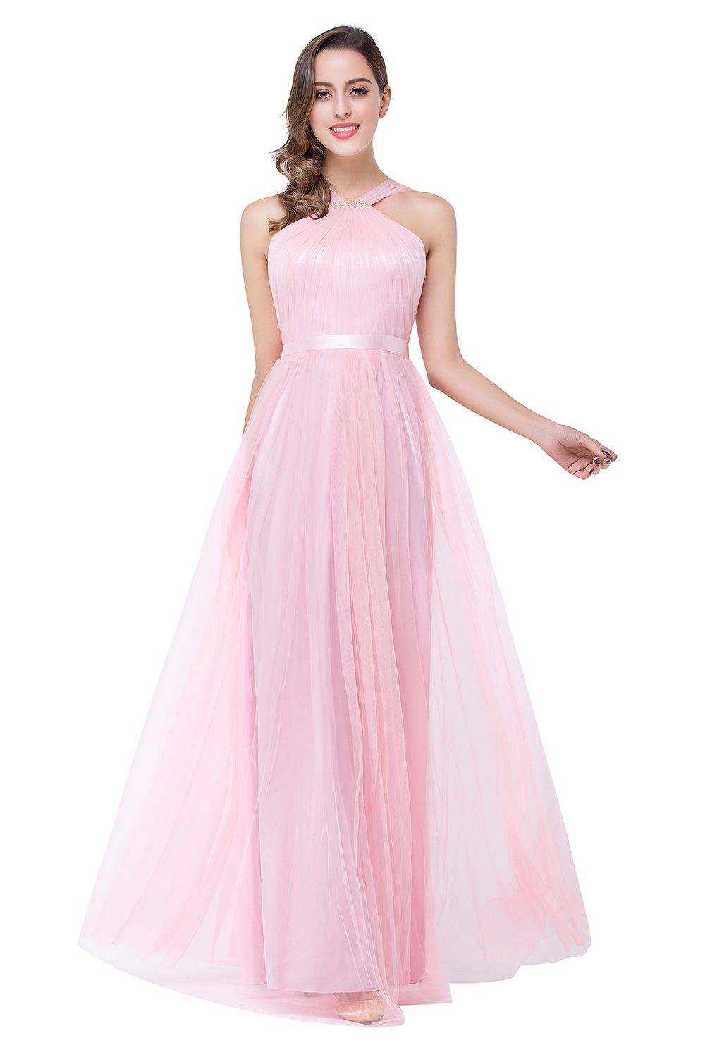 ELLIOTT | Sheath Floor-length Pink Tulle Bridesmaid Dresses with Ribbon Sash-newarrivaldress