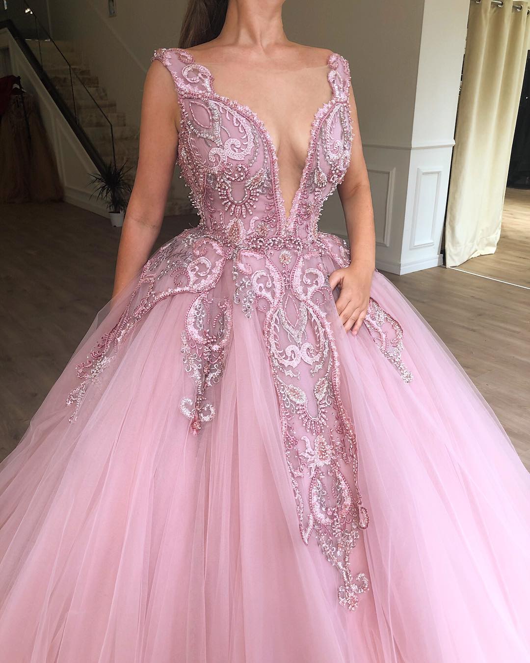 Glamorous Pink Ball Gown Deep V-Neck Sleeveless Applique Evening Dresses-newarrivaldress