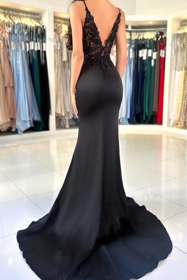 Chic Black Sleeveless Lace Mermaid Prom Dress Front Split Floor Length Party Dress with Spaghetti Straps-newarrivaldress