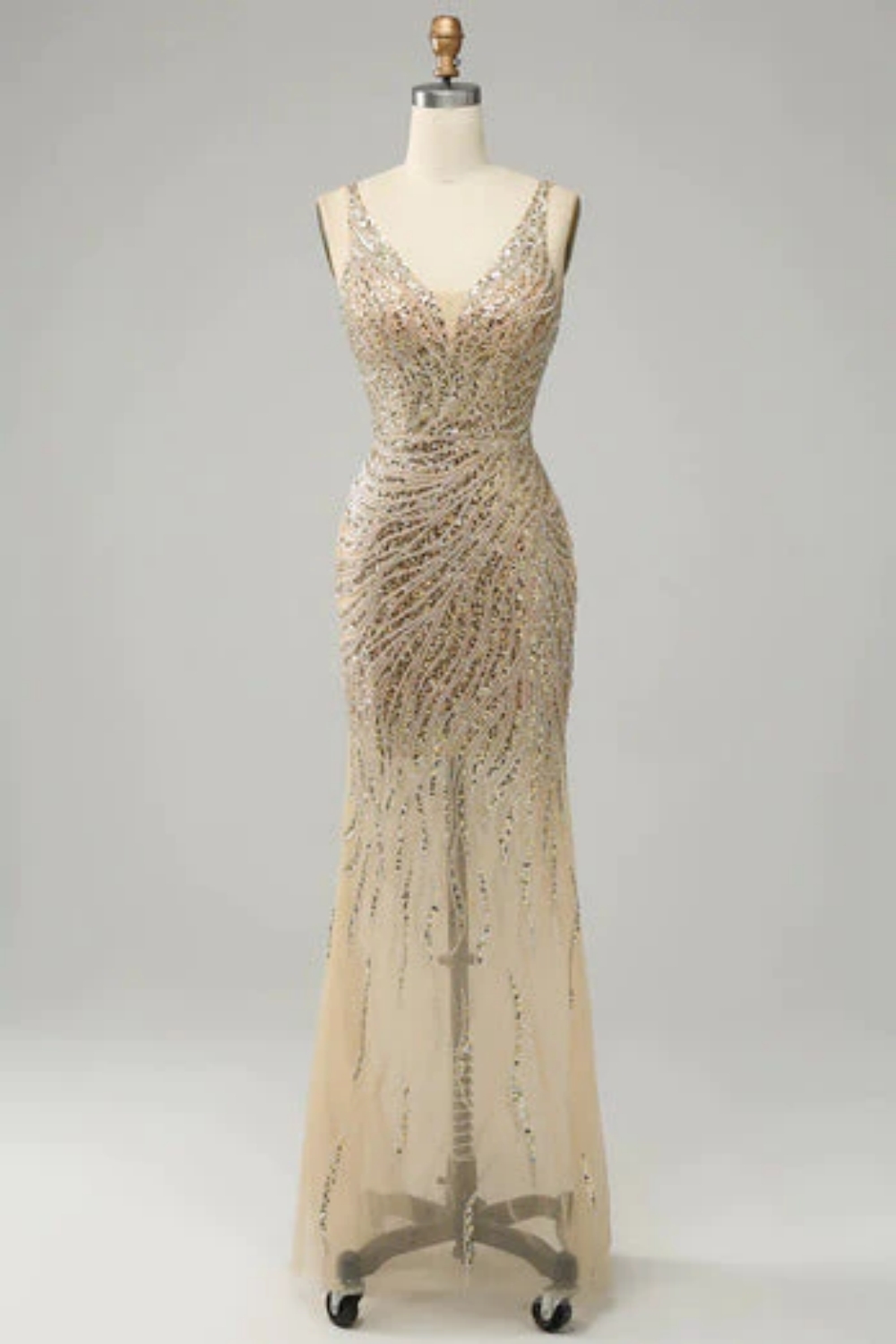Sparkly Gold sequins Mermaid Prom Dress V-Neck Bodycon Long Party Dress-newarrivaldress