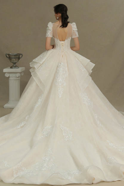 Elegant Short Sleeve Princess Ball Gown ALine Lace Appliques Wedding Dress-newarrivaldress