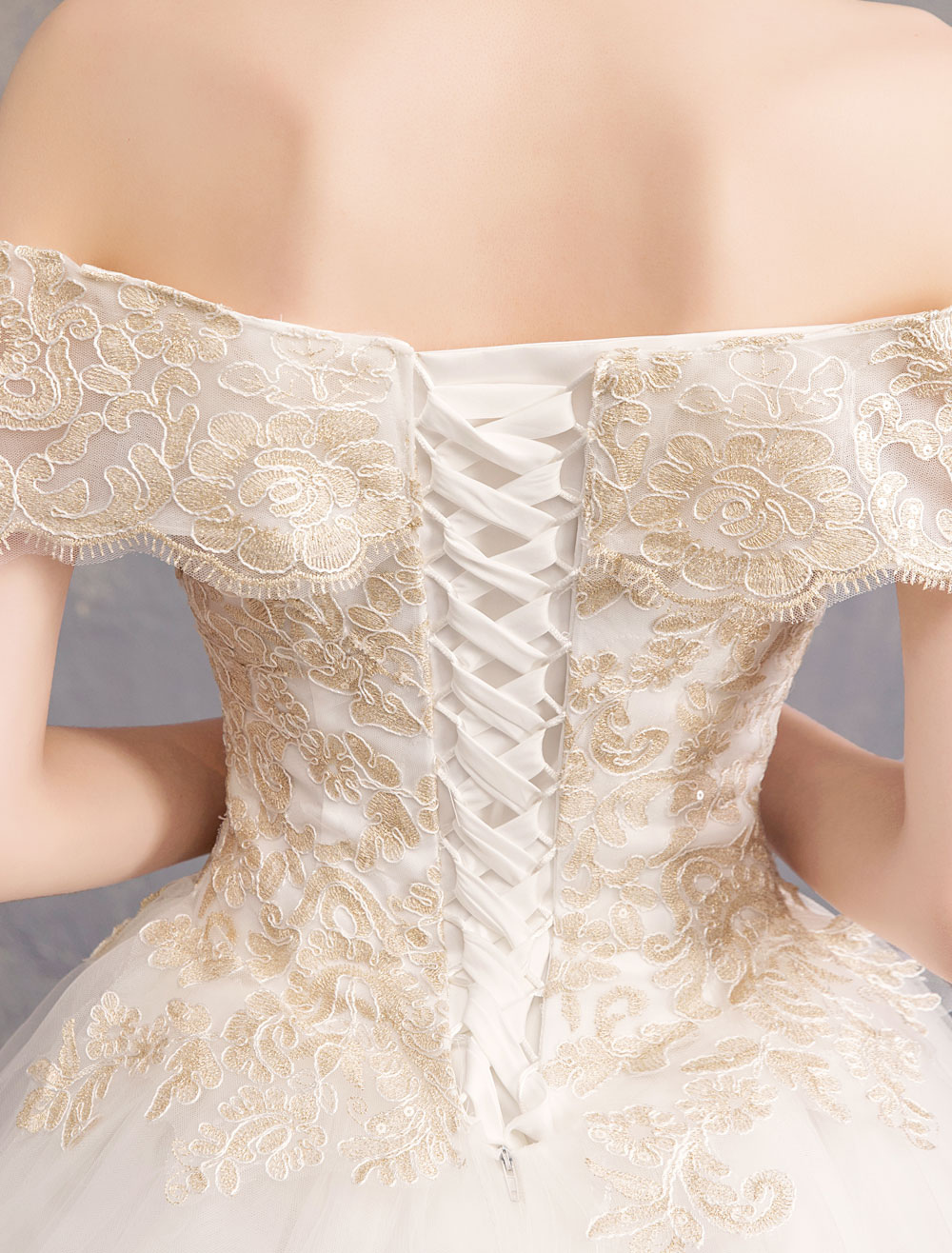 Princess Wedding Dress Ivory Lace Applique Off The Shoulder Short Sleeve Bridal Gown-newarrivaldress