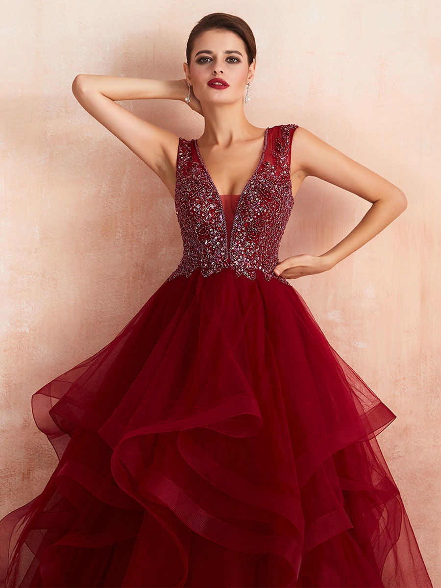 Ball Gown Wedding Dress Princess Floor Length V Neck Sleeveless Sequins Tulle Bridal Dresses-newarrivaldress