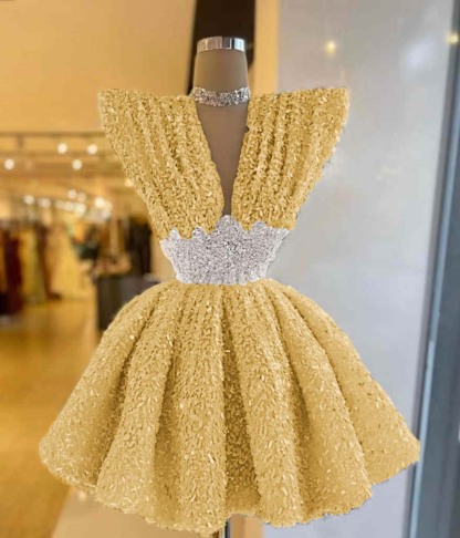 V Neck Sleeveless A Line Short Prom Dress With Pleated Sequins