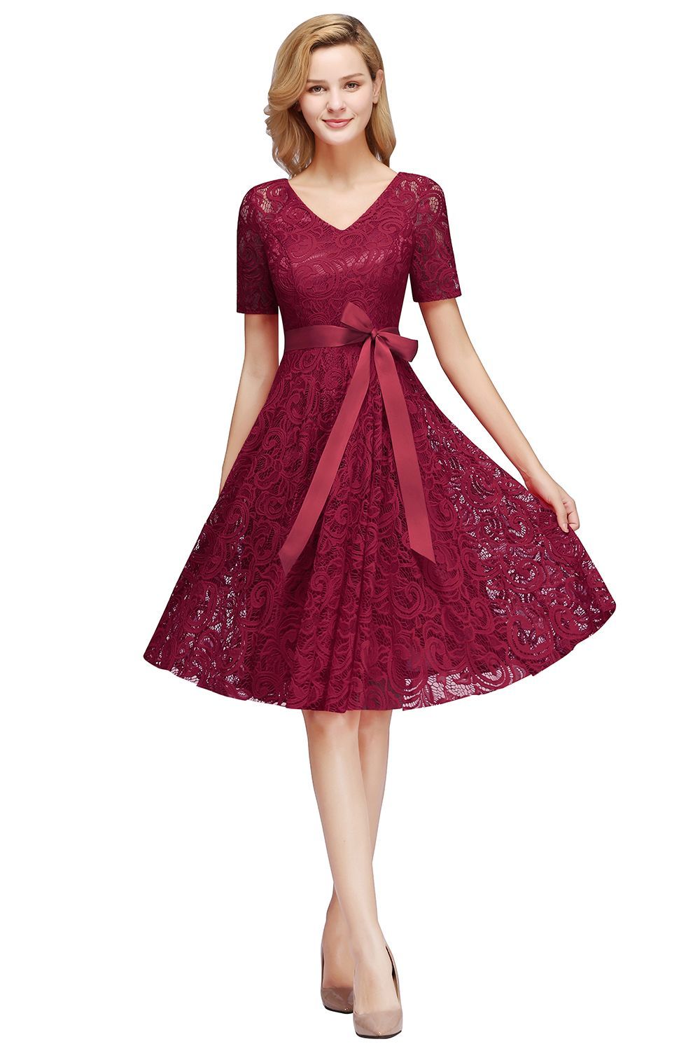 Elegant V-neck Short Sleeves Lace Dresses with Bow Sash-newarrivaldress