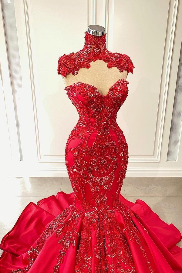 High Neck Red Mermaid Prom Dress with Lace Appliques-newarrivaldress