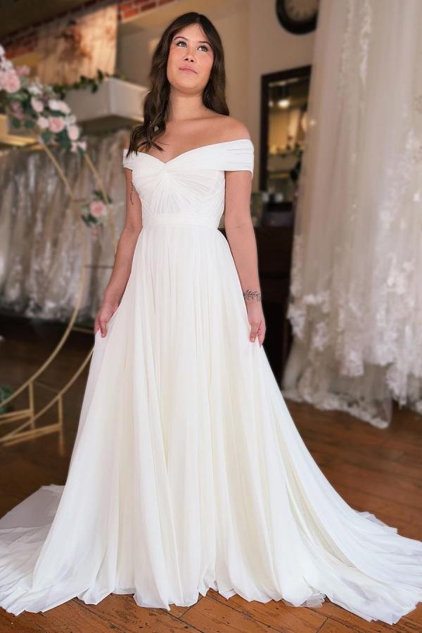 Elegant Off-the-Shoulder Ruched Chiffon A-line Wedding Dress Simple Bridal Dress-newarrivaldress