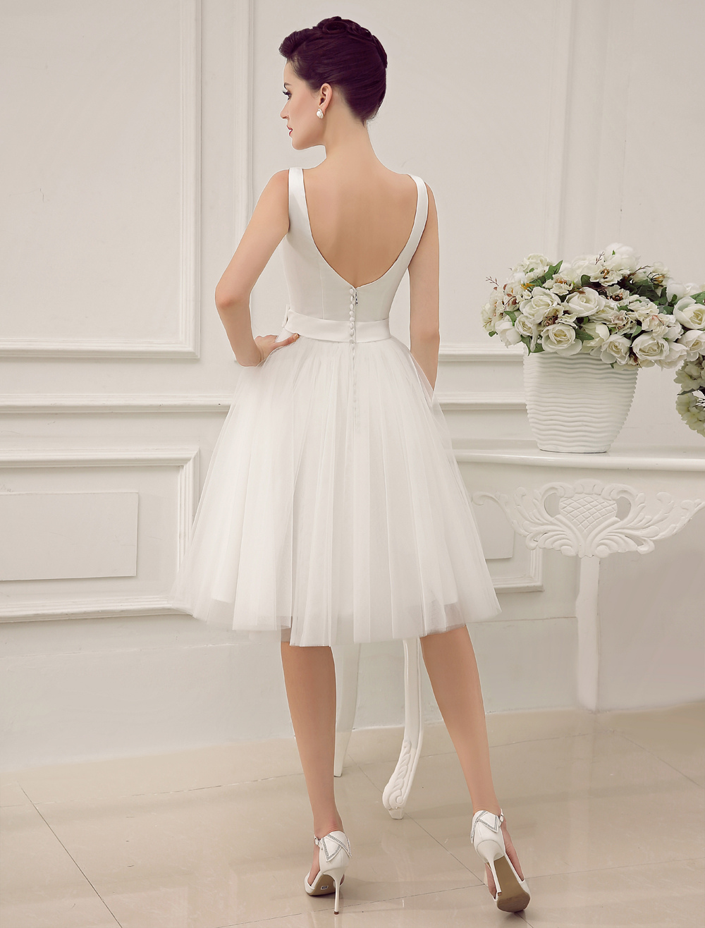 Simple Wedding Dresses Satin Square Neck Applique Short Bridal Dress With Beading Bow Sash Exclusive-newarrivaldress