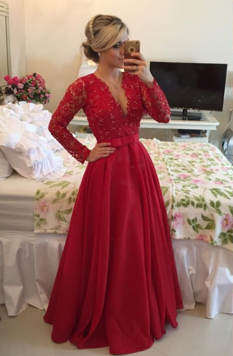V-Neck Red Long Sleeve Chiffon Prom Dress New Arrival Bowknot Formal Occasion Dress BMT038-newarrivaldress