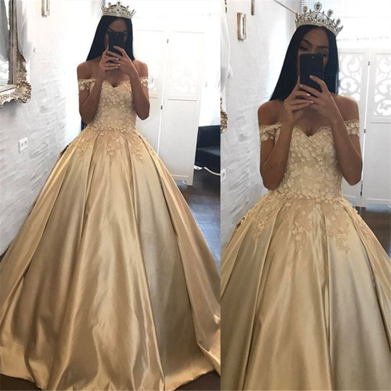 Off The Shoulder Champagne Gold Ball Gowns Formal Dress Appliques Quinceanera Dresses FB0212-newarrivaldress