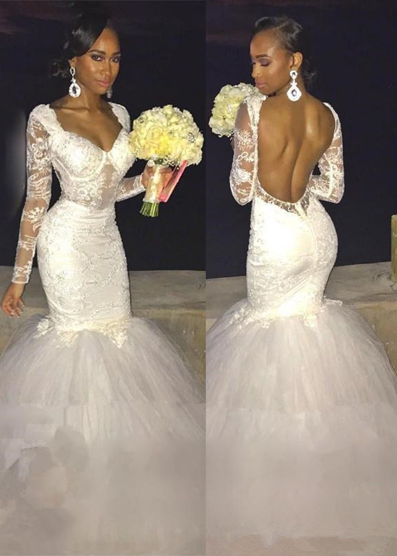 Mermaid Long Sleeve Beautiful Lace Open Back Wedding Dresses-newarrivaldress