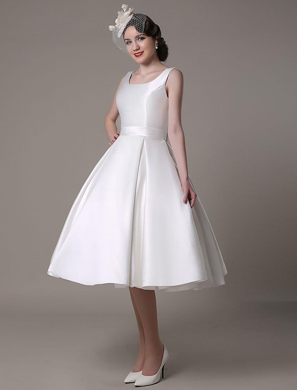 Ivory Wedding Dress Scoop Backless Knee Length Satin Wedding Gown Exclusive-newarrivaldress