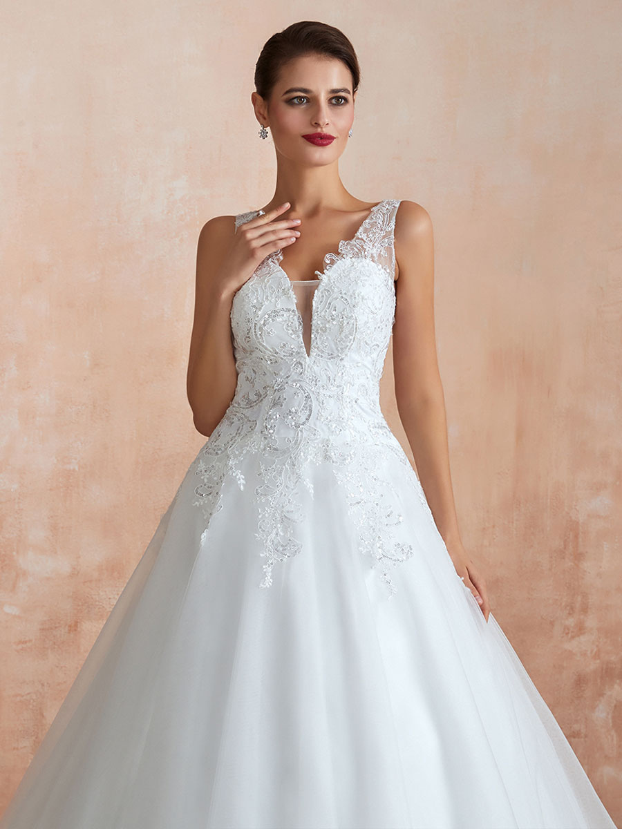 Wedding Dress 2021 V Neck Princess Sleeveless Floor Length Tulle Bridal Gown With Train-newarrivaldress