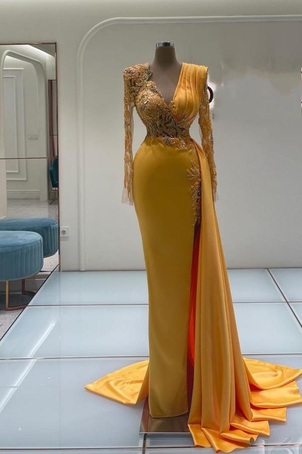 Gorgeous Yellow Satin Mermaid Prom Dress with Sleeves Appliques Side Slit Evening Dress-newarrivaldress
