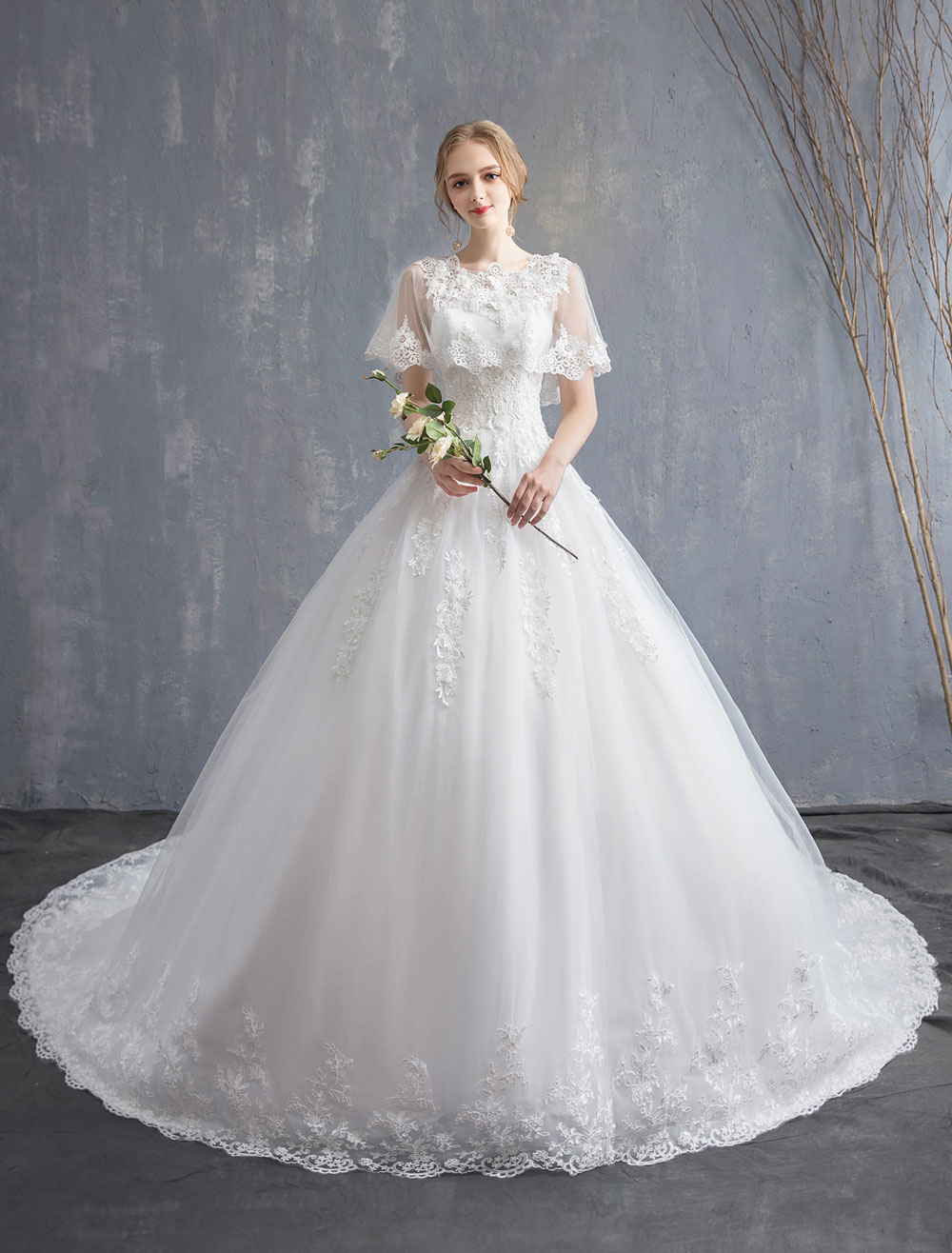 white lace dress wedding TR12024 Modest Lace Wedding Dress Short Sleeve main image 1