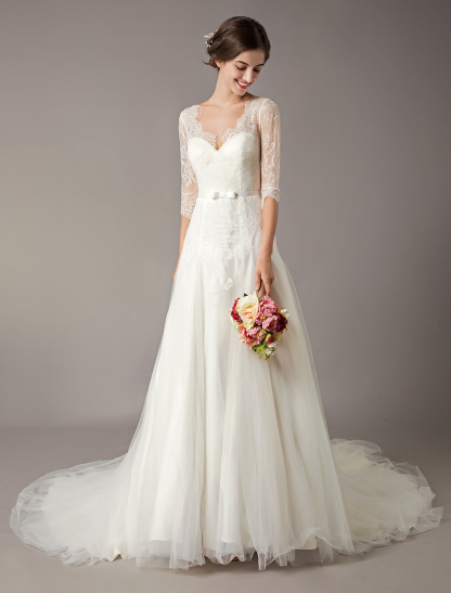 Wedding Dresses A Line Ivory V Neck Lace Tulle Half Sleeve Bridal Dress With Train-newarrivaldress