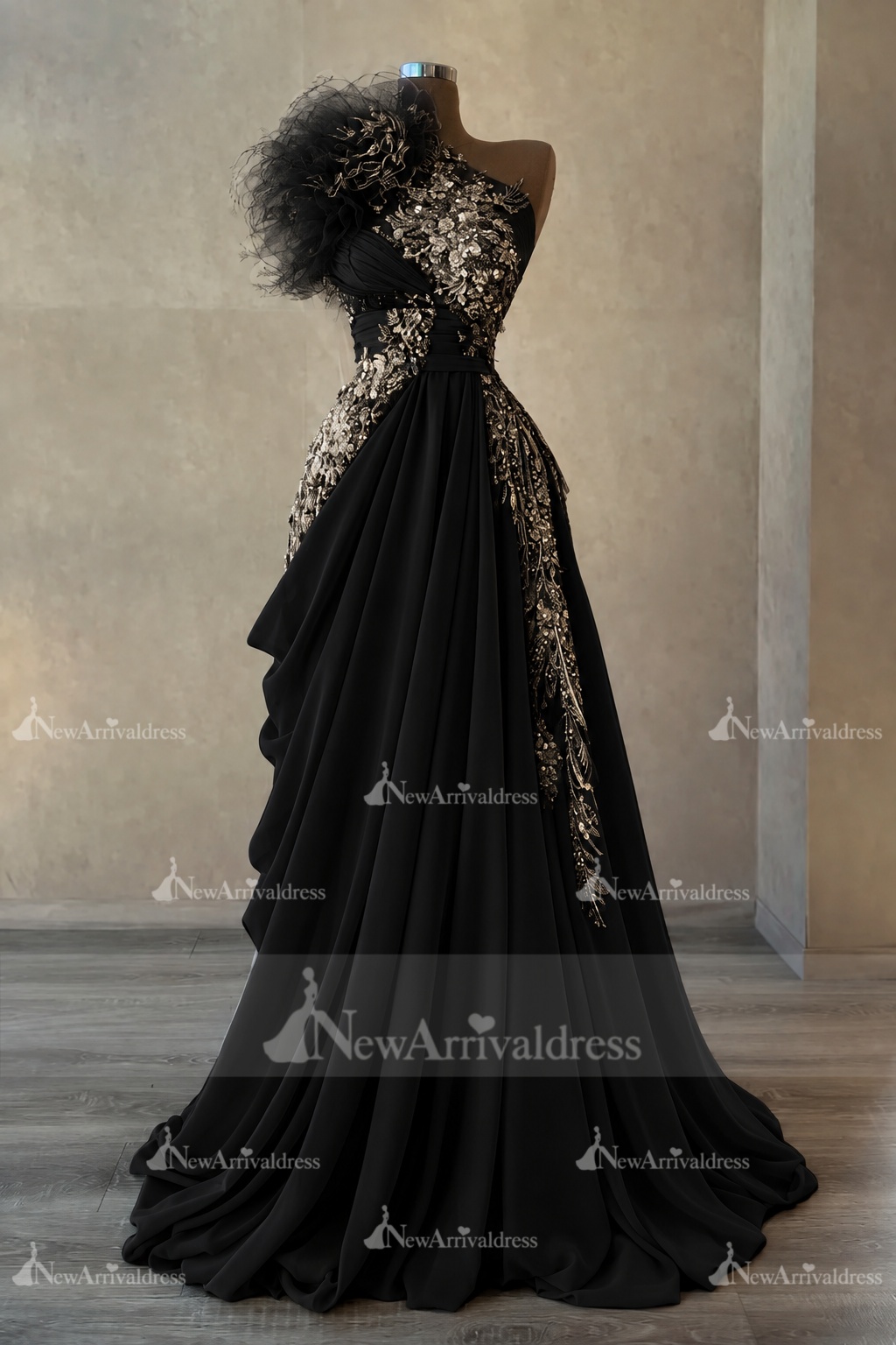 Stunning One Shoulder Flowers Ruched Satin Evening Dress Appliques Aline Party Dress