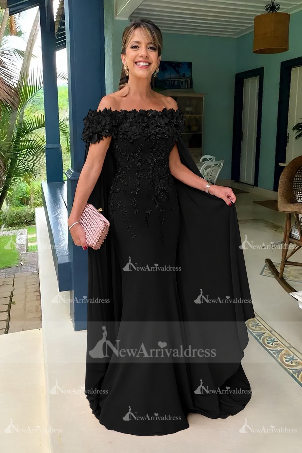 Off-the-Shoulder Pink Chiffon Flowers Long Mother of the Bride Dress with Cape