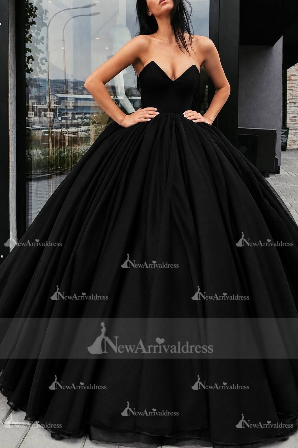 Black Wedding Dresses Satin Fabric Princess Silhouette Empire Waist Floor Length Bridal Dress