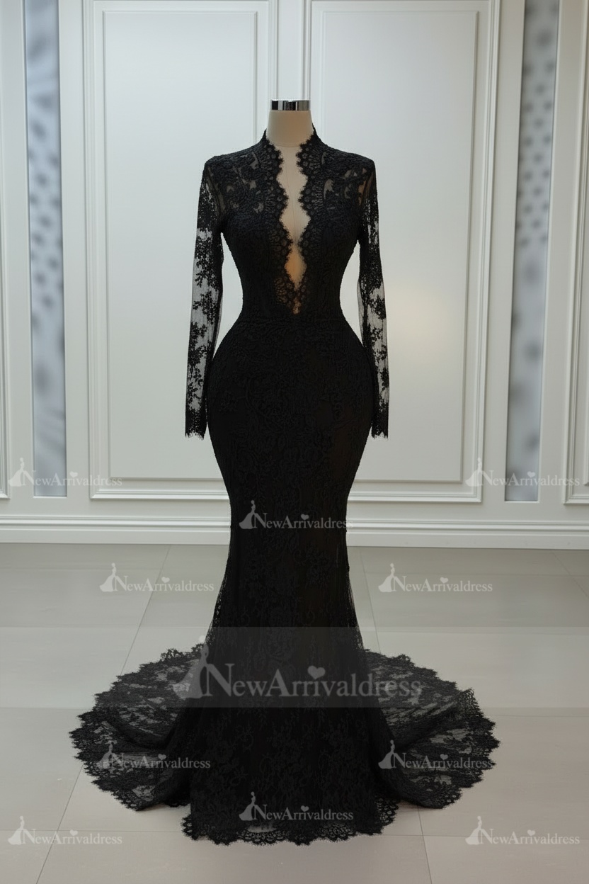 Chic Long Sleeves Lace Mermaid Bridal Gown Deep V-neck Wedding Dresses