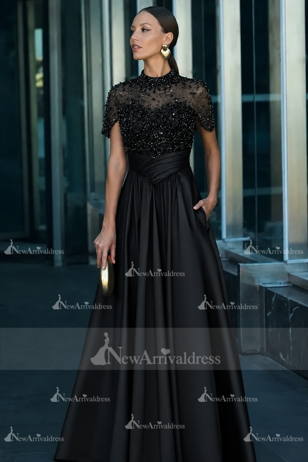 Dark Green Short Sleeves  Satin A-line Evening Dress with Beadings