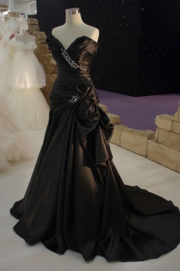 Ruffles Cream Satin Wedding Dress with Beadings Elegant Long Bridal Dress JT067a