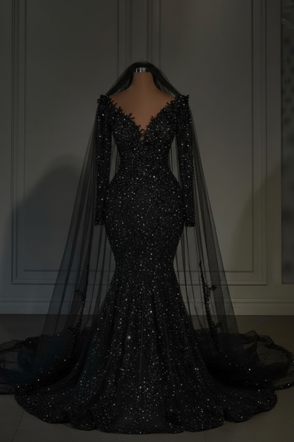 Gorgeous Long Sleeves Mermaid Wedding Gowns Glitter Sequins Garden Bridal Dresses