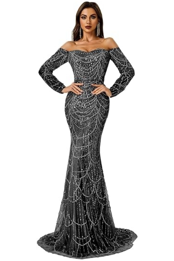 Charming Off-the-Shoulder Long Sleeves Mermaid Prom Dress with Beadings