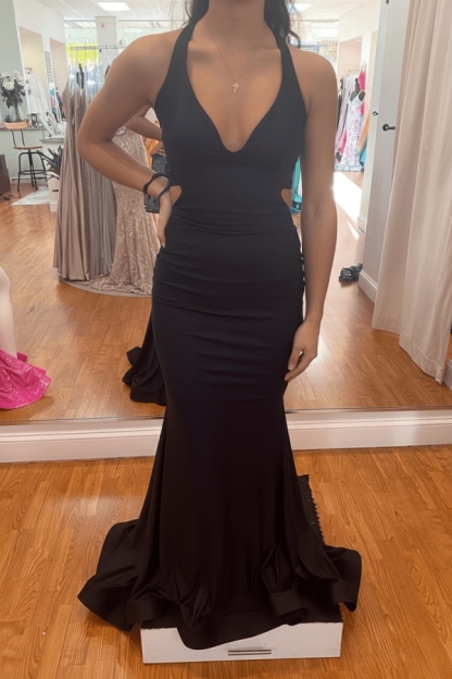 Modest Mermaid Halter V-neck Satin Open Back Prom Dress