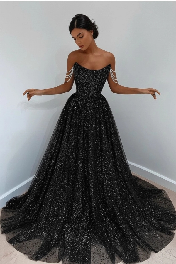 Beautiful Long A-line Sweetheart Sequined Prom Dress Off Shoulder Sky Blue Long Evening Dress