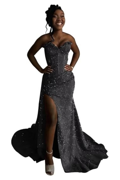 Sexy Orange Mermaid Prom Dress with Sequins High Split Strapless Long Party Dress