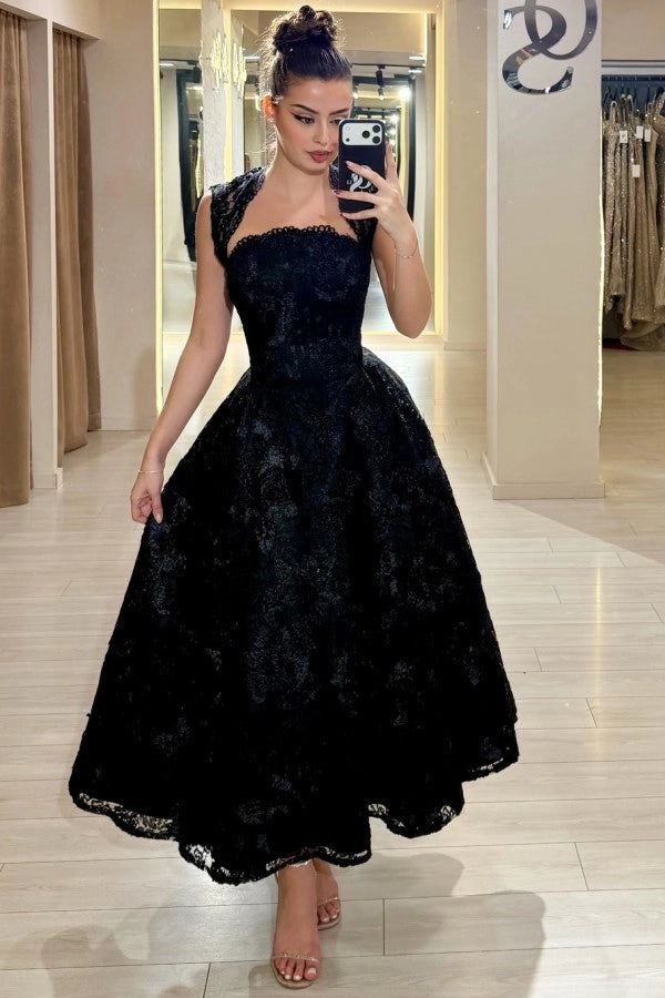 Aline Black Tea Length Evening Dress Square Neck Lace Formal Dress