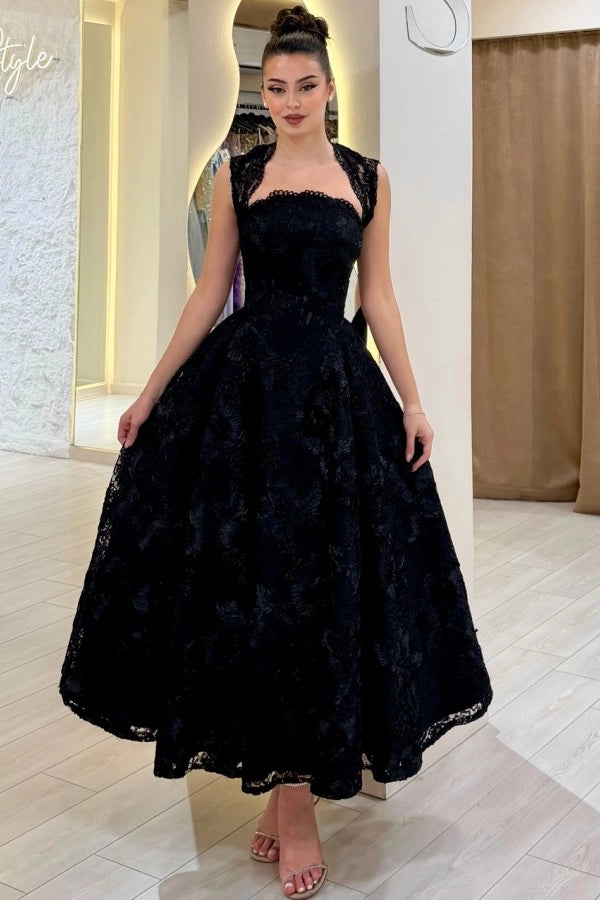 Aline Black Tea Length Evening Dress Square Neck Lace Formal Dress