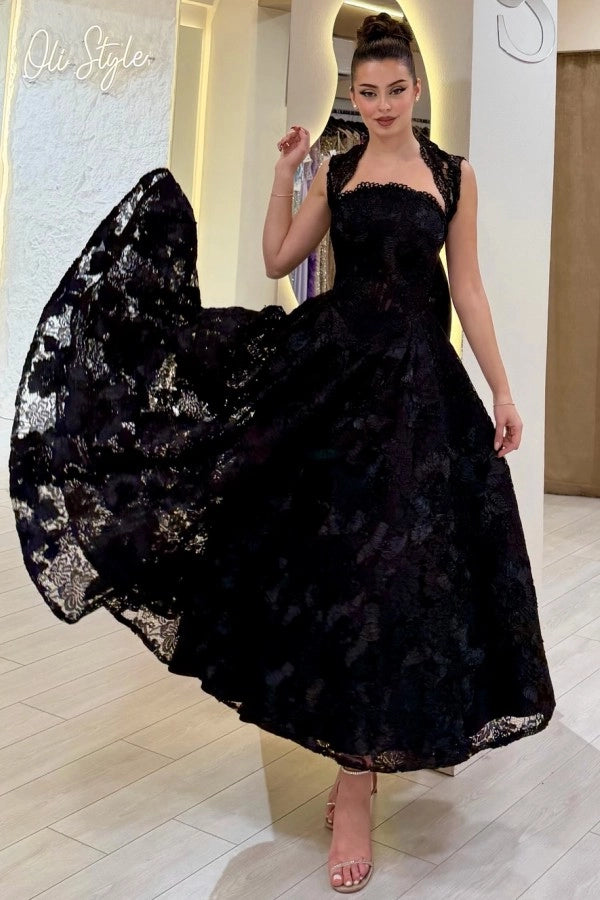 Aline Black Tea Length Evening Dress Square Neck Lace Formal Dress