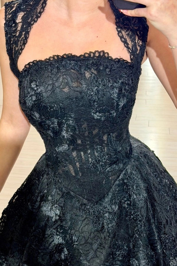 Aline Black Tea Length Evening Dress Square Neck Lace Formal Dress